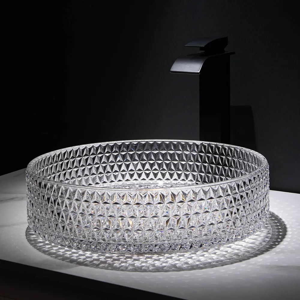 Vessel Transparent Diamond Shaped Crystal Glass Bathroom Wash Sink — image 23