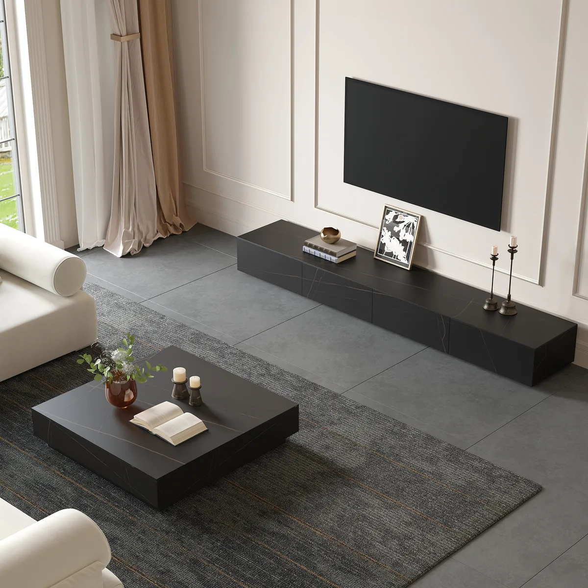 87" Black TV Stand Faux Marble with Storage for TVs Up — image 8