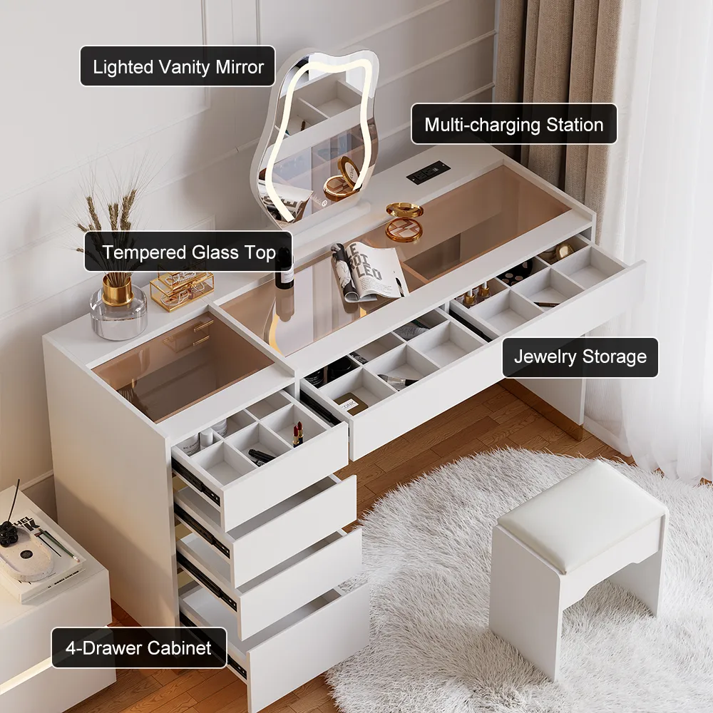 Modern Makeup Vanity Set with Lighted Vanity Mirror & Charging Station & Jewelry Storage Dressing Table — image 13