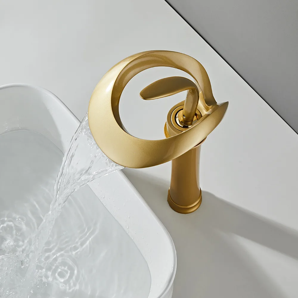 Modern Gold Waterfall Bathroom Vessel Sink Faucet Single Handle Solid — image 6