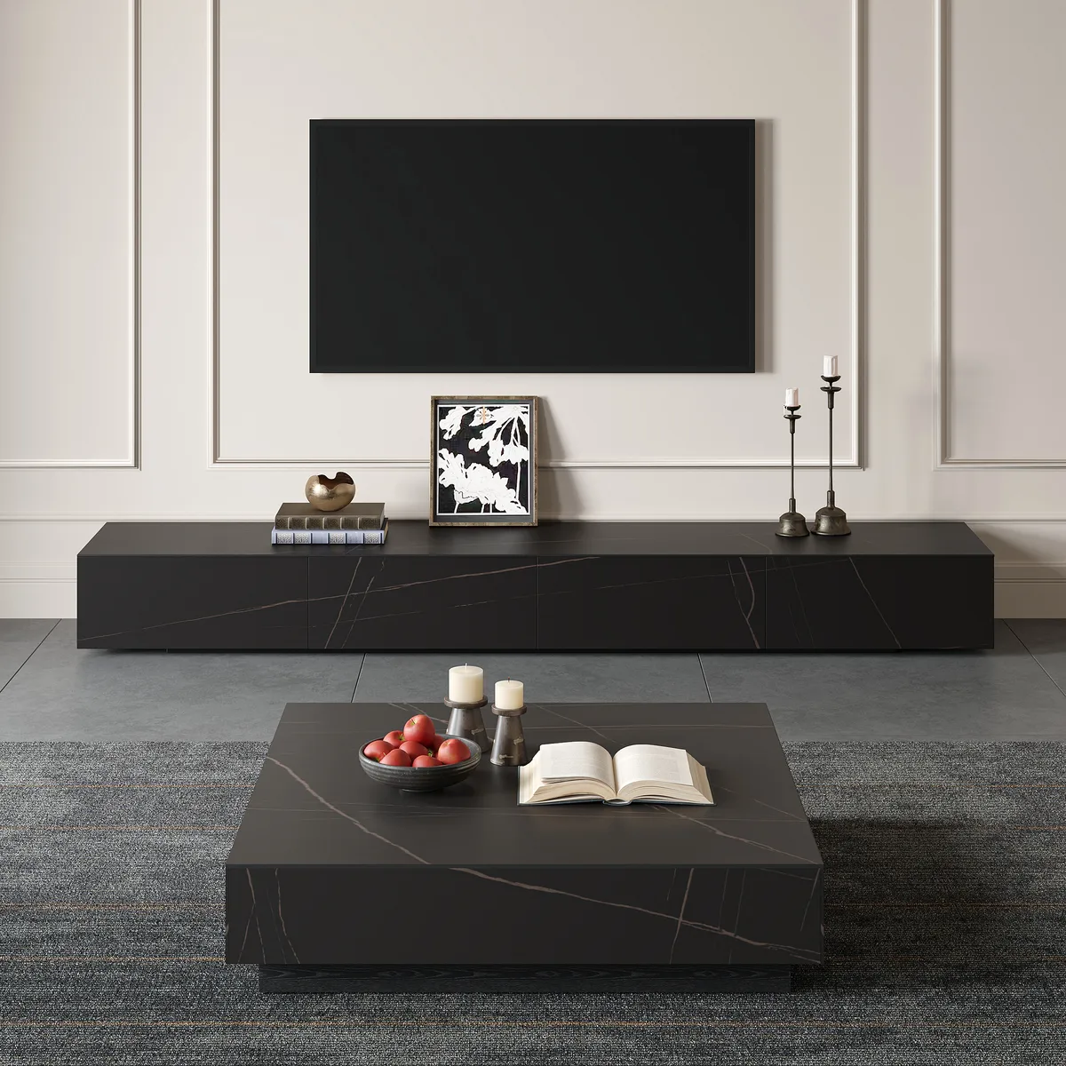 87" Black TV Stand Faux Marble with Storage for TVs Up — image 6