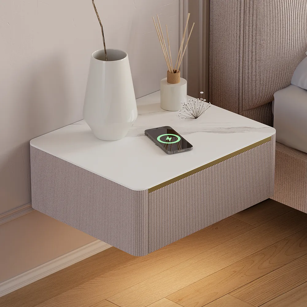 Modern Floating Corduroy Smart Nightstand Bedside Table with Light — image 7