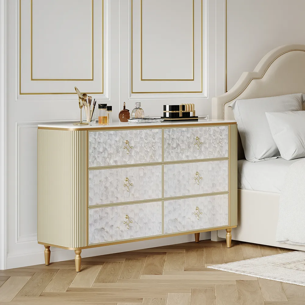 Art Deco 6 Drawer Dresser Capiz Shell Beige Chest Storag Cabinet with Sintered Stone Top — image 2