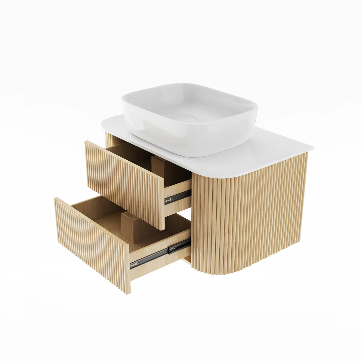 31.5" Floating Fluted Wall mounted Bathroom Vanity Set Cultured Marble Top with Vessel Single Sink & 2 Drawers — image 8