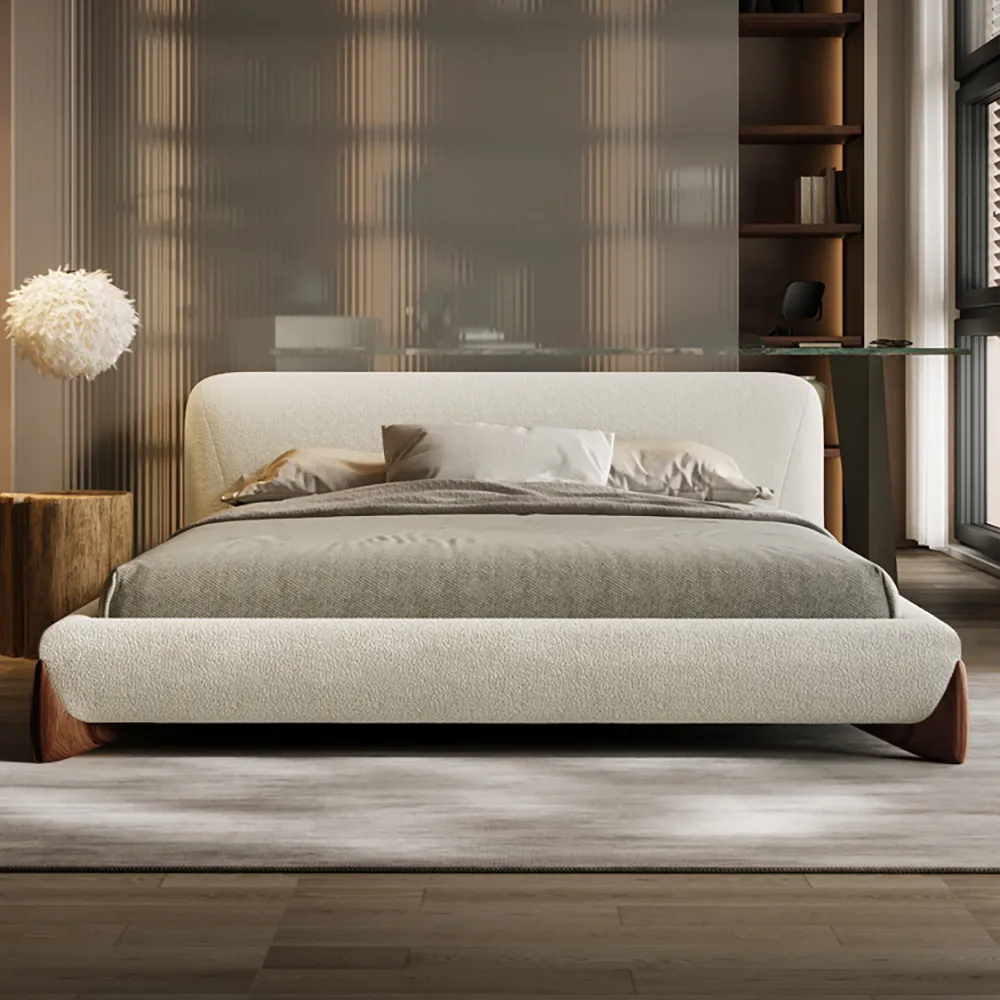 Modern White Boucle Platform Bed King Size Bed Frame & 2-Drawer Smart Boucle Nightstand — image 16