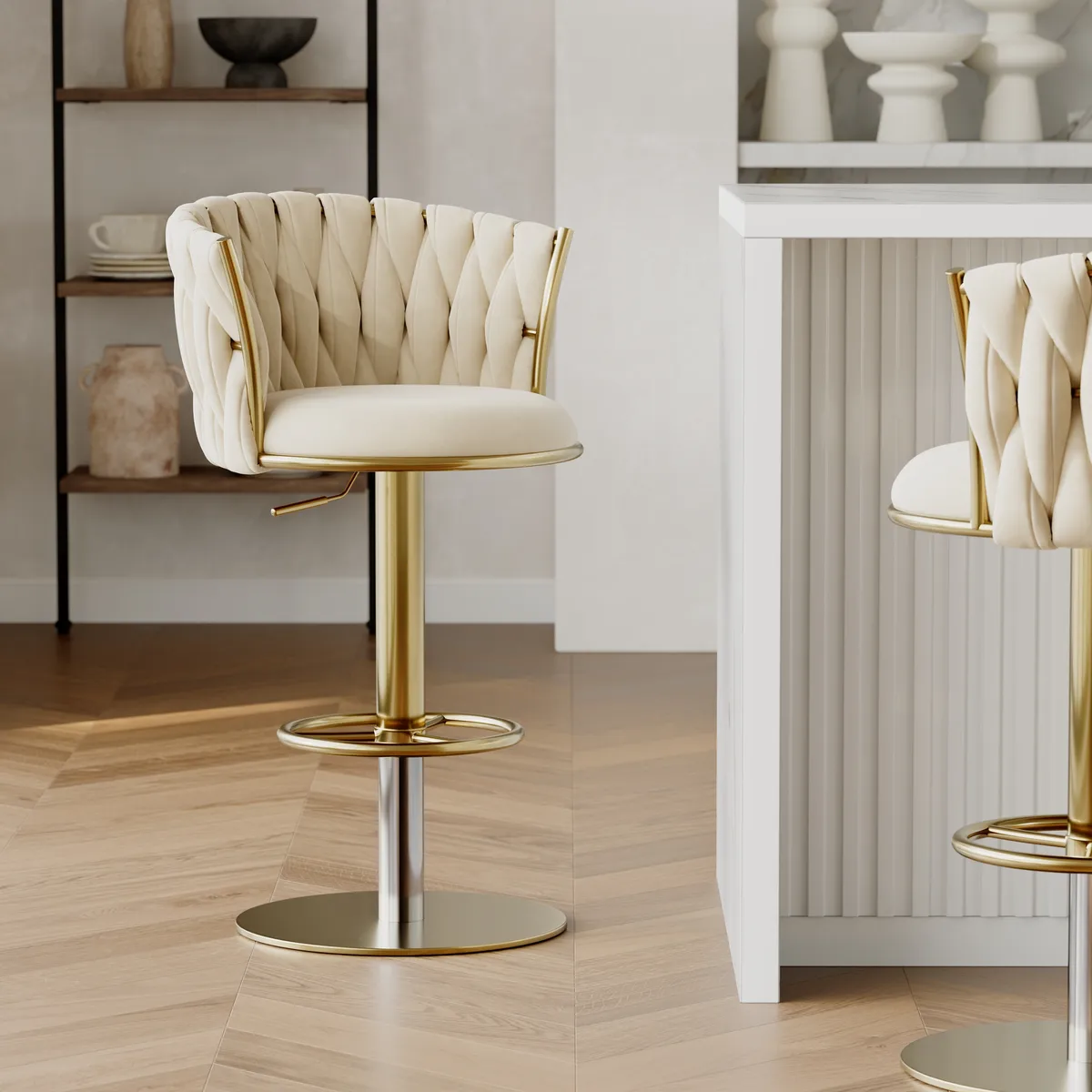 Sweave Set of 2 Gray Swivel Bar Stools Velvet Curved Back Adjustable Height — image 4