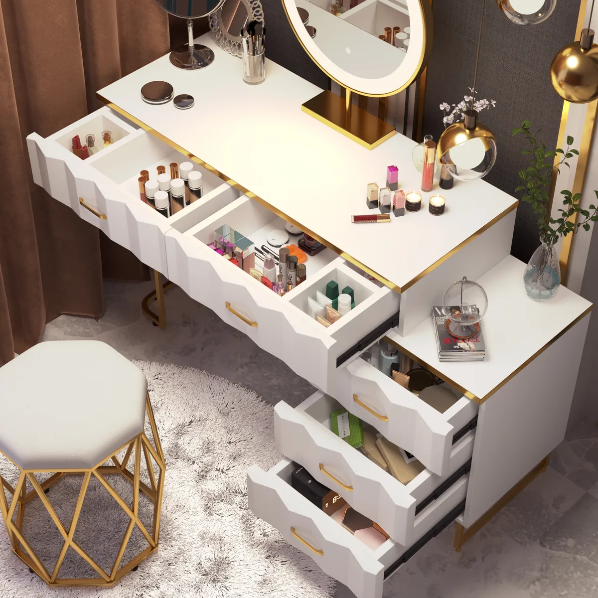 Modern White Extendable Makeup Vanity 5 Drawers Dressing Table Set with Stool and Mirror — image 13
