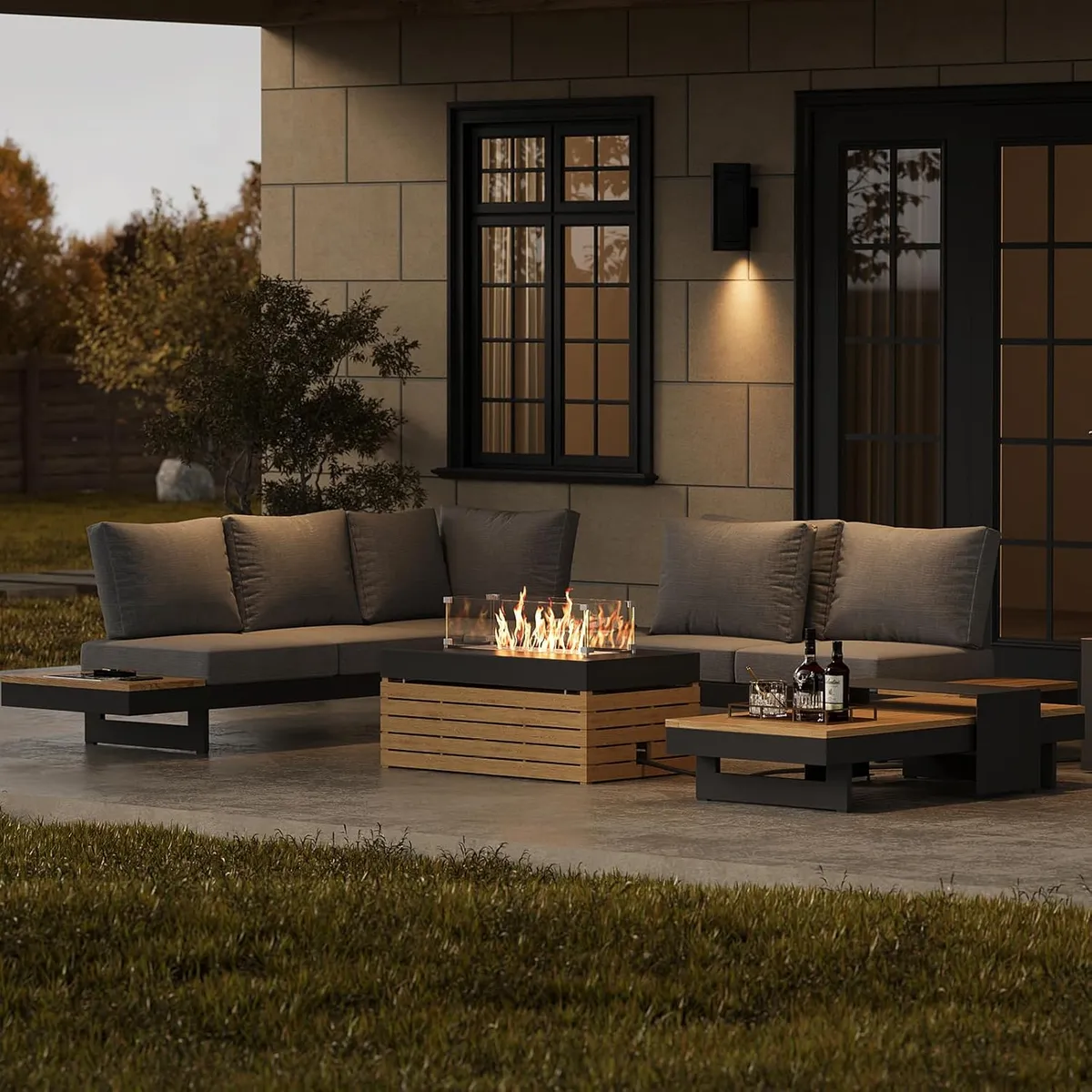Tevara 47" 5-Pieces Modular Teak Outdoor Sofa Set with Smokeless Fire Pit for 6 Person — image 14