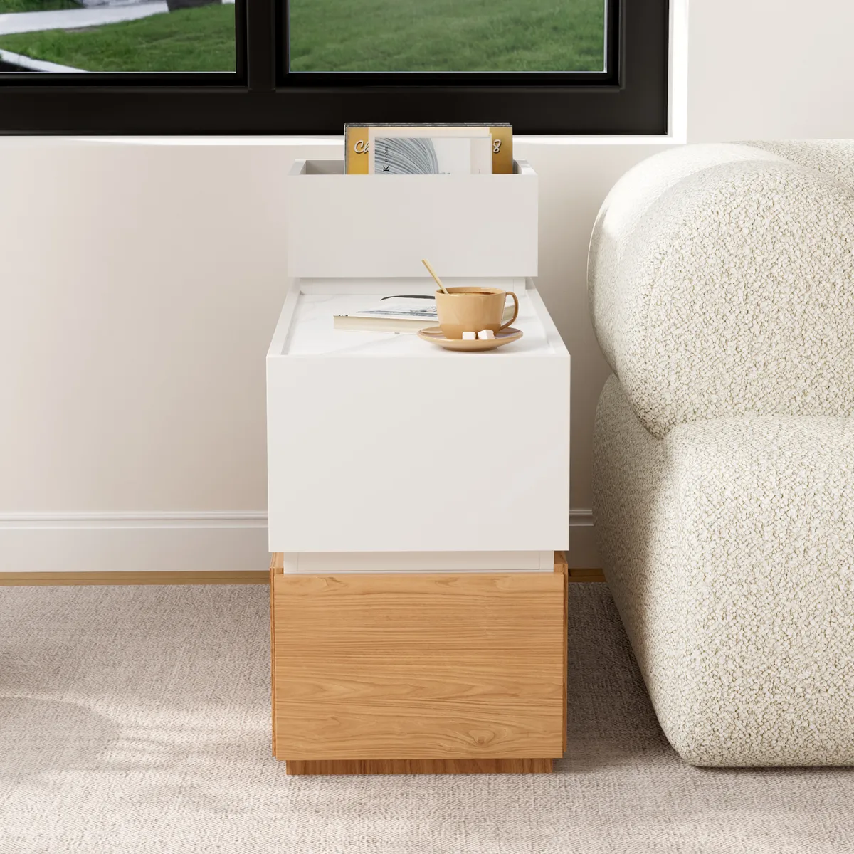 Travertine Stone Top Narrow Smart Side Table with Storage Modern Walnut End Table with USB Charging — image 23