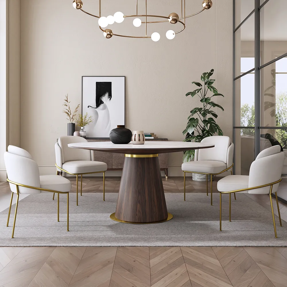 Round Dining Table Faux Marble Top Wooden Base for 6 Mid-Century Modern — image 2