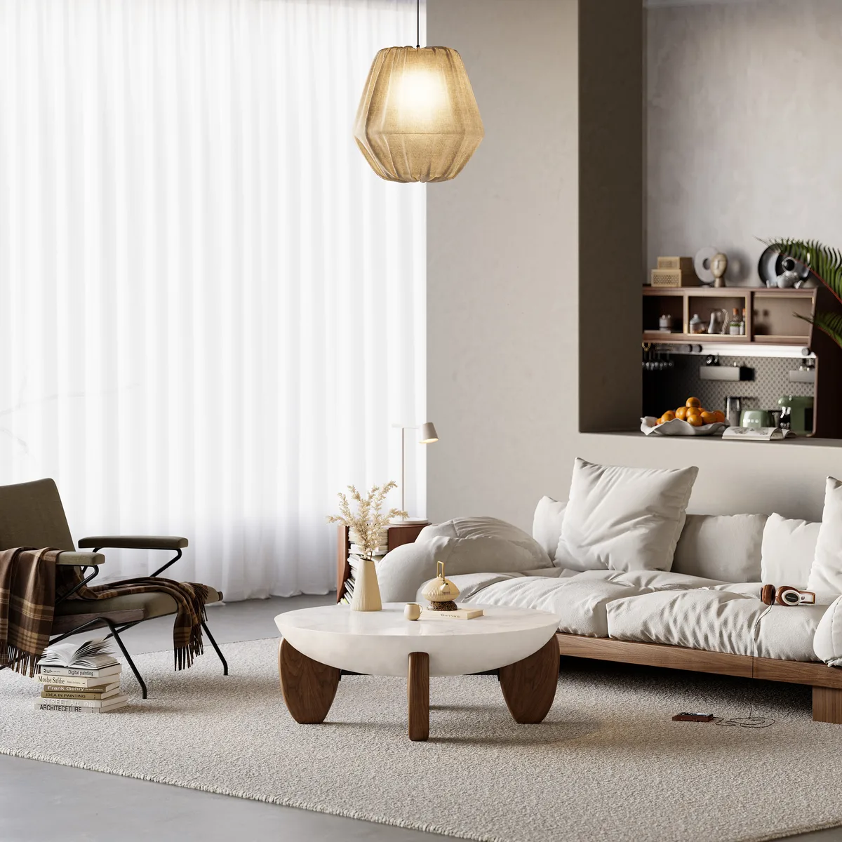Curva Round Concrete Walnut Coffee Table with Wood Legs — image 14