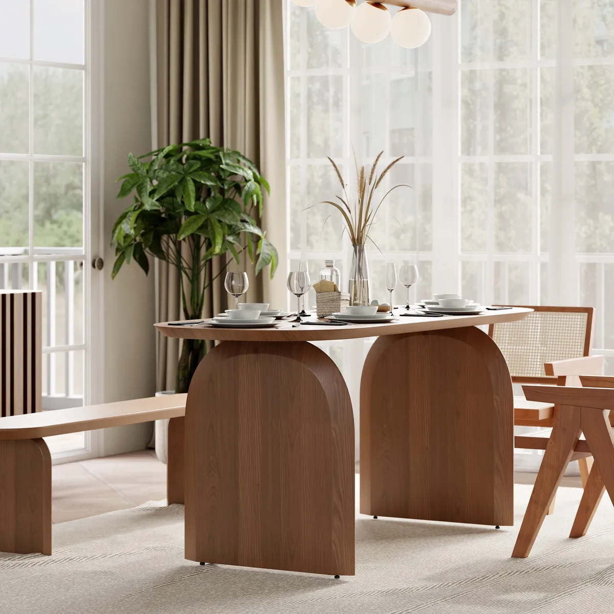 70.9" Oval Dining Table Solid Wood for 6 People Japandi Walnut Pine Wood Dininer Table for Dining Room, Kitchen, Living Room Easy Clean — image 4