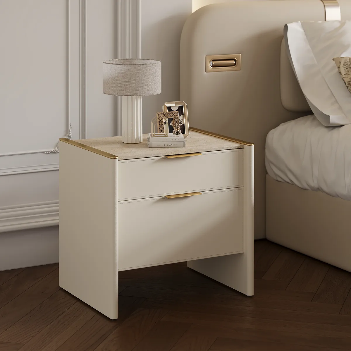 Modern Saddle Leather 2-Drawer Nightstand with Faux Travertine Stone Top — image 3