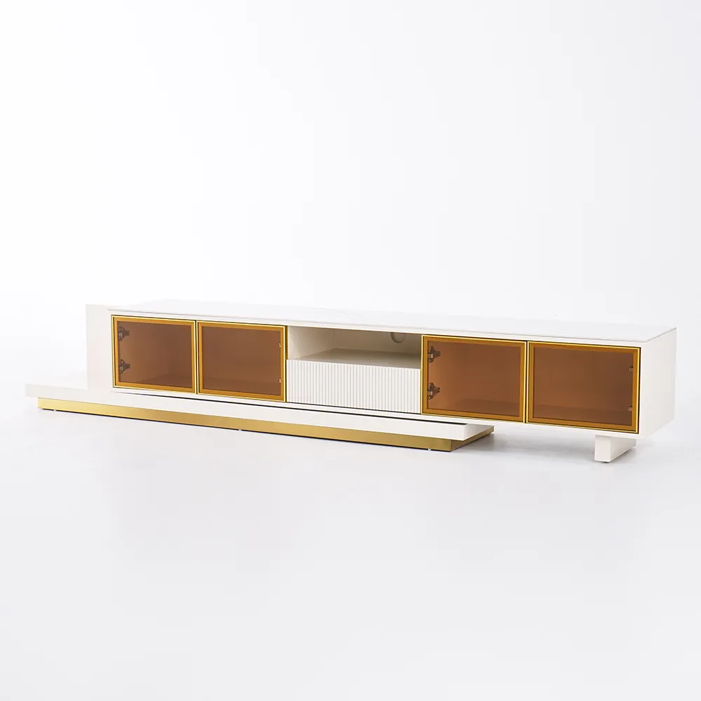 LED Light Extendable TV Stand Light Khaki Floor Media Console with Glass Door & Drawers — image 14