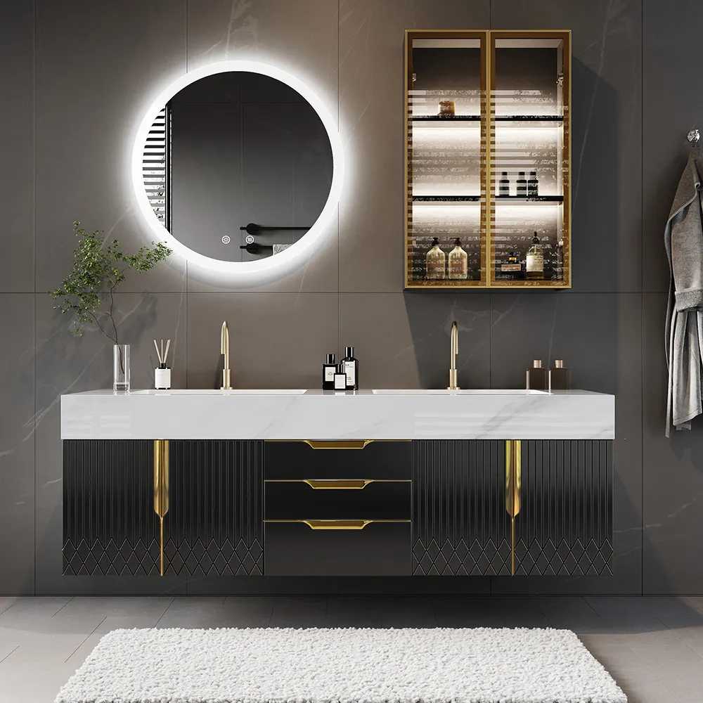 59" Wall Mounted Bathroom Vanity Faux Marble Top with Double Sink — image 20
