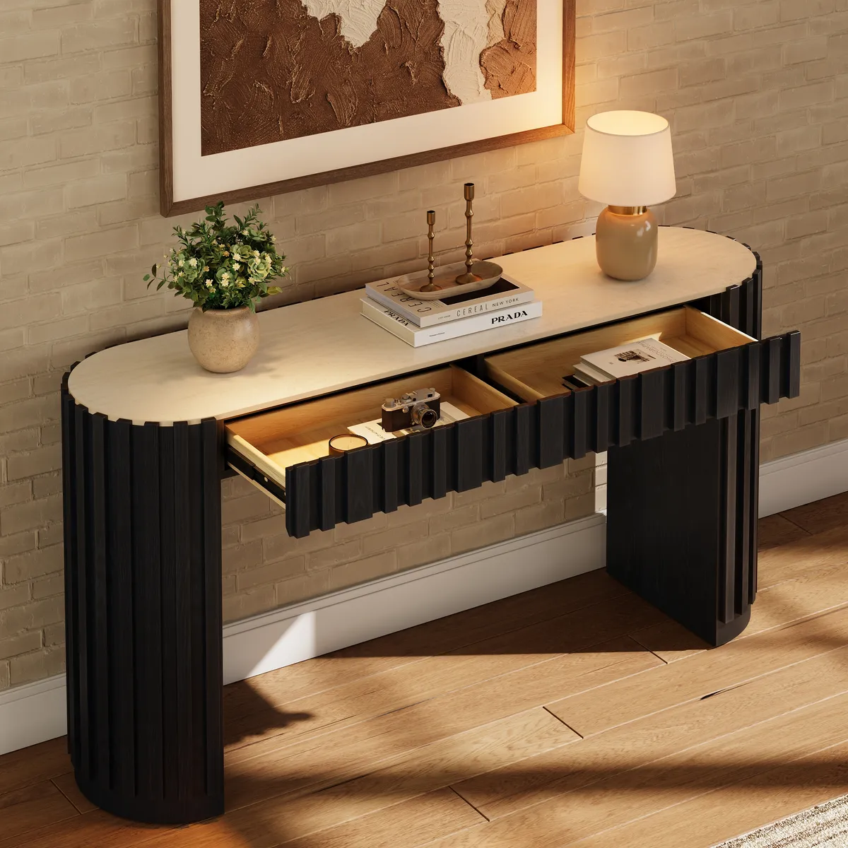 Aura 60" Ash Wood Fluted Black Console Table With Sintered Stone Top — image 4