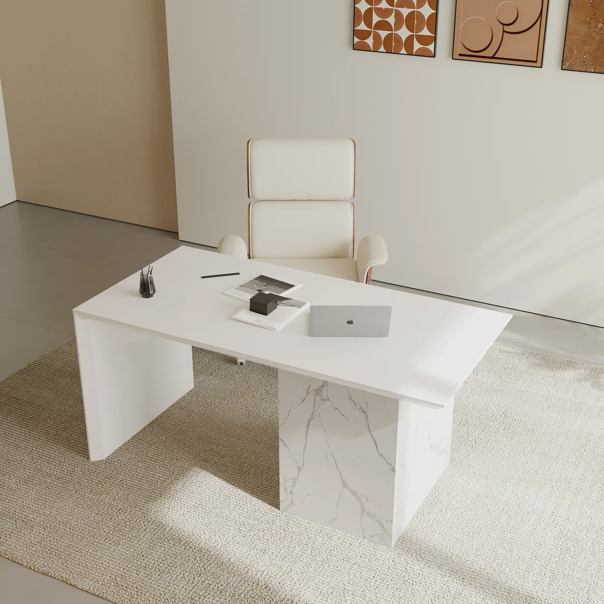 60" Modern MDF & Marble Veneer Desk & Off White Home Office Chair Set High Back — image 3