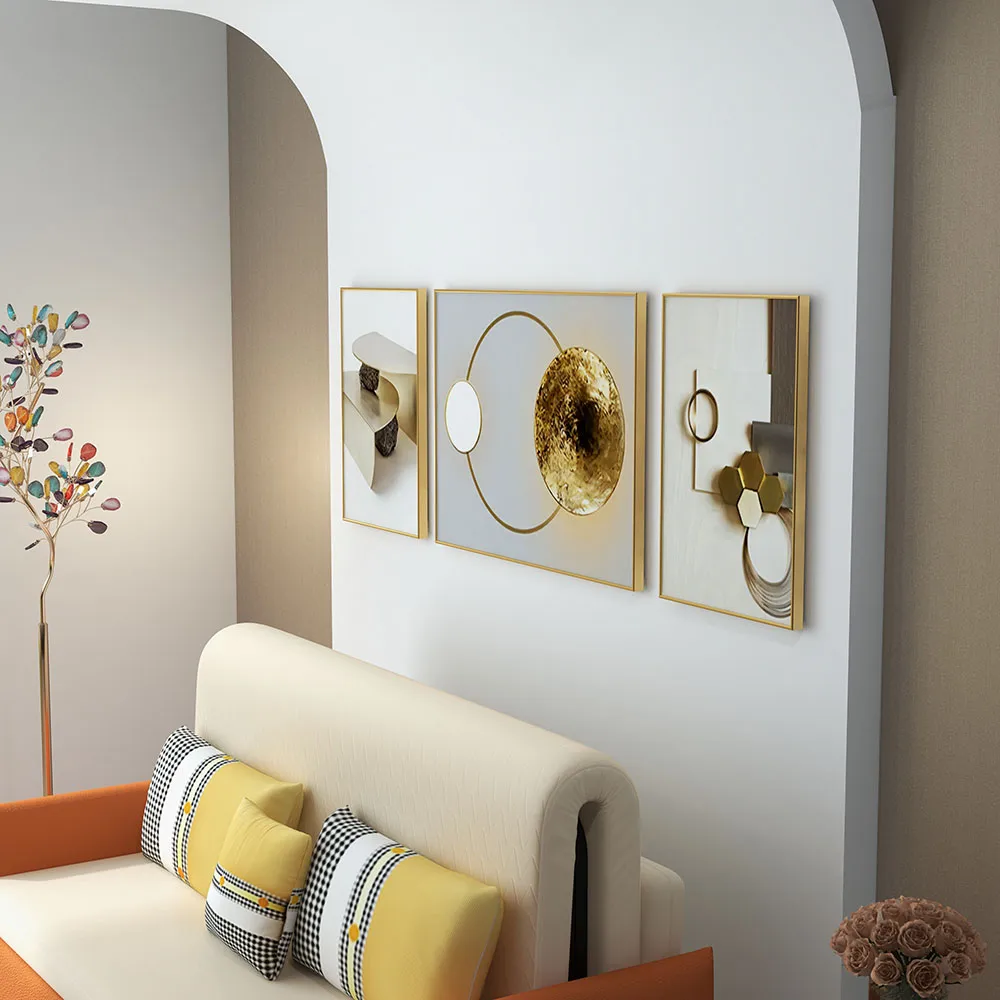 3 Piece White Gold Abstract Canvas Wall Art Set Modern Geometric Wall Decor Canvas Print 63" Wide for Living Room — image 6