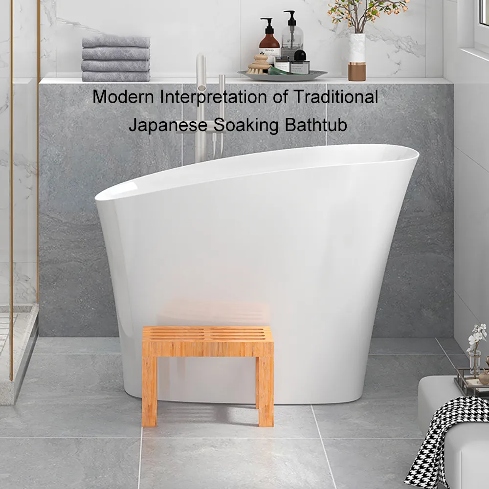 47" Japanese Irregular Freestanding Stone Resin Soaking Bathtub, Marble Look — image 3