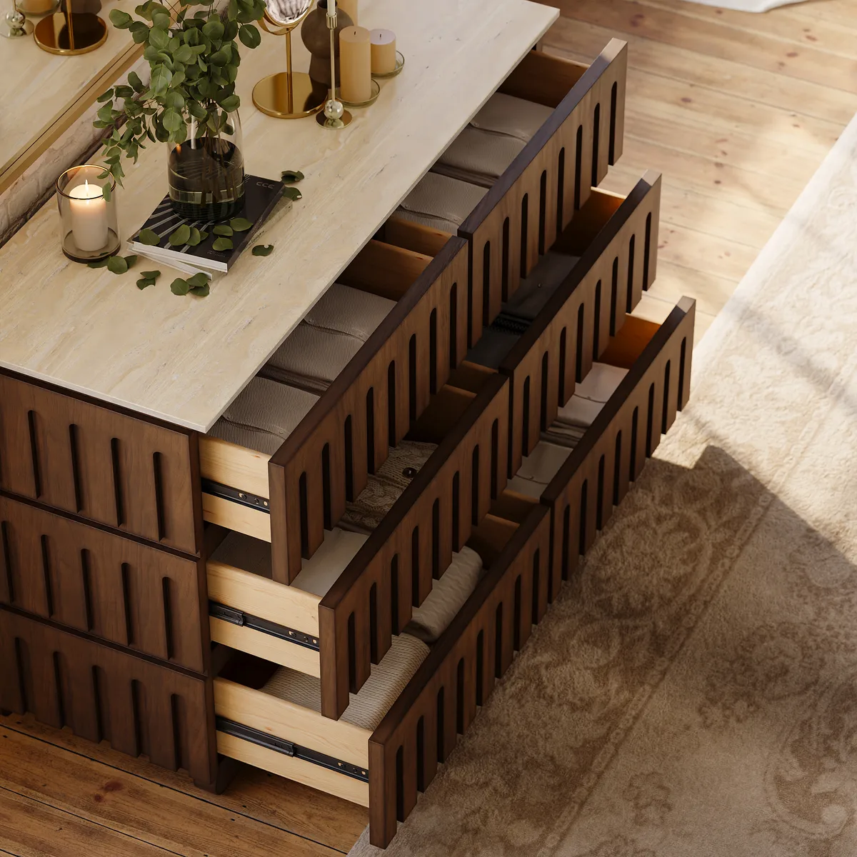 Florva Modern 47” Ash Wood 6 Drawer Dresser with Faux Travertine Sintered Stone Top — image 5