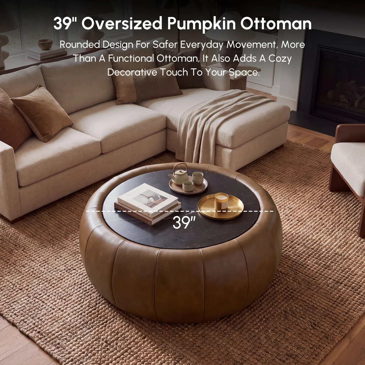 Modern 39" Round Performance Leather Ottoman Coffee Table with Hidden Storage — image 28