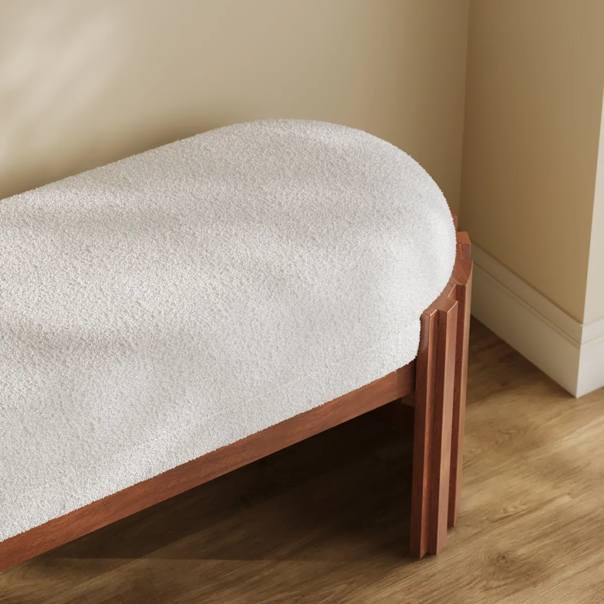 Aura 47” Walnut Wooden Boucle Upholstered Entryway Bench — image 8