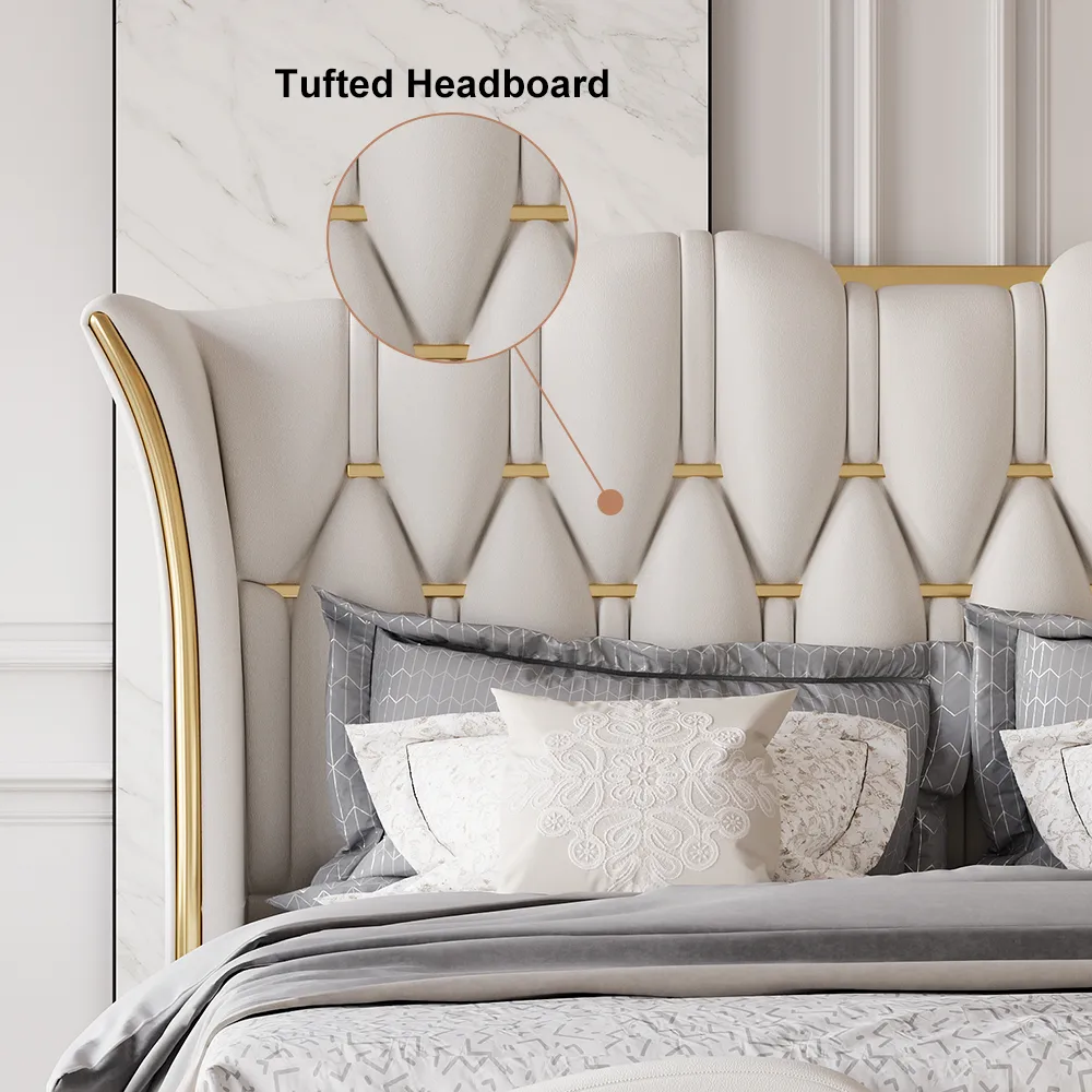 King Size Upholstered Leather Bed Frame with Tufted Wingback Headboard — image 6