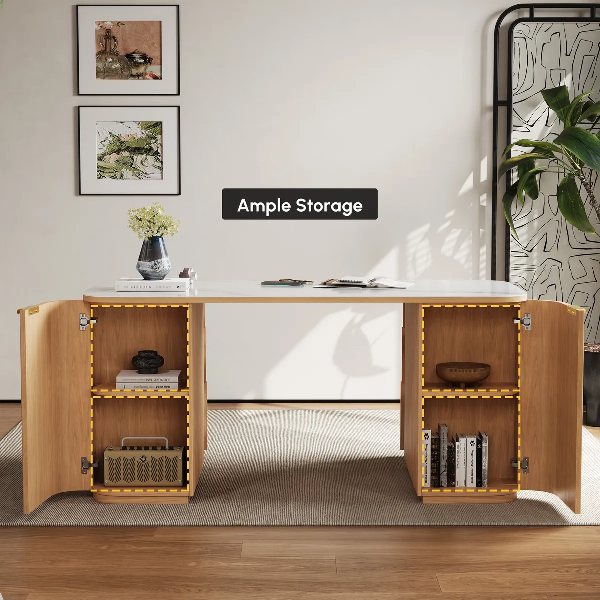 Walnut Ash Wood & Sintered Stone Rectangle Desk with 6 Drawers (63.8") — image 6