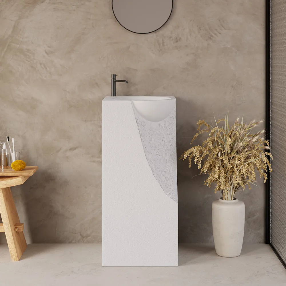 34" Japandi Tall Stone Resin Pedestal Sink with Rounded Basin Freestanding — image 3