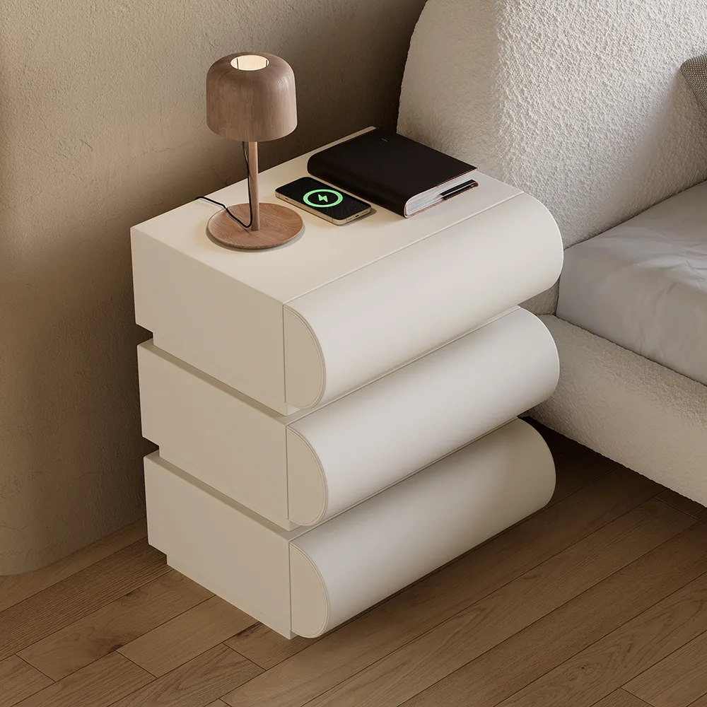 Modern White Boucle Platform Bed King Size Bed Frame & 2-Drawer Smart Boucle Nightstand — image 24