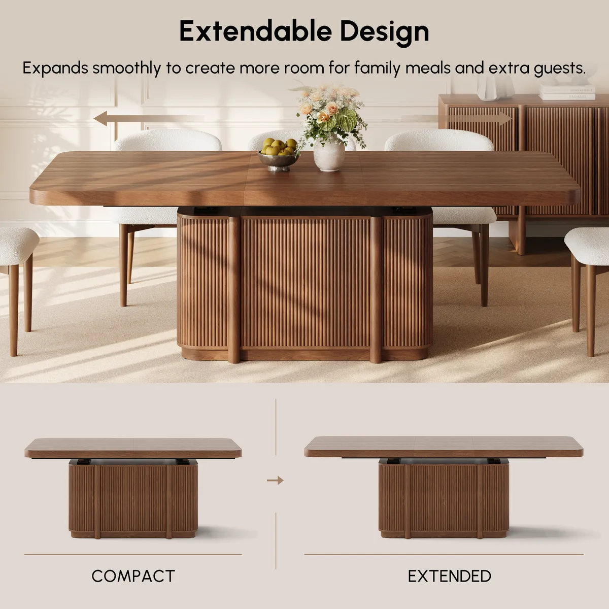 Lineva 71"–91" Extendable Walnut Dining Table with Fluted Base, Seats 6–8 — image 7