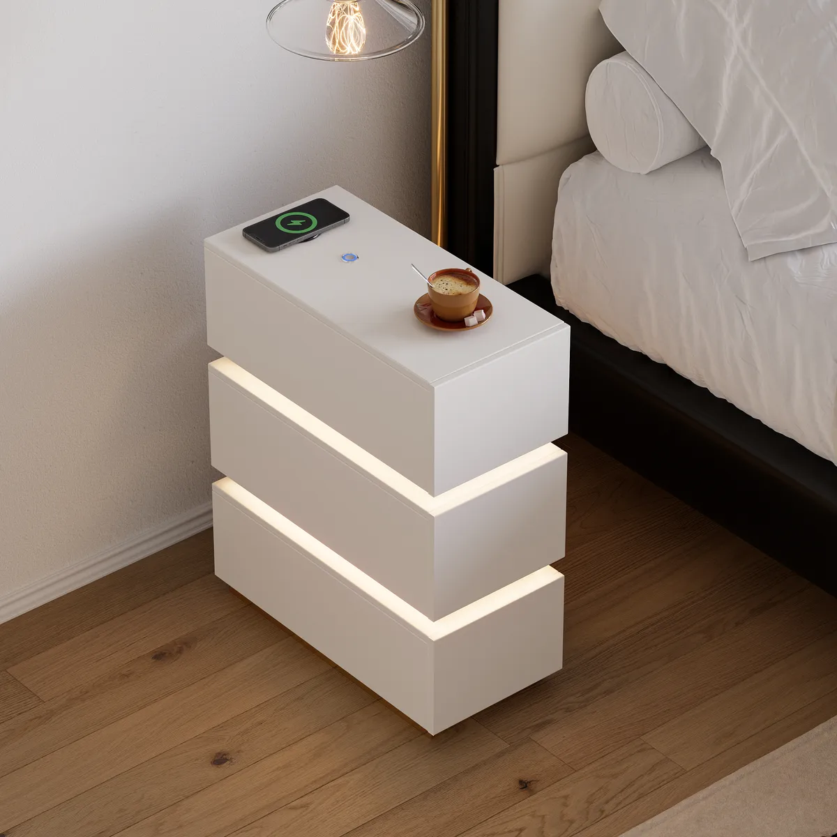 Narrow Smart 3-Drawer Nightstand with Charging Station Bedside Table with Light — image 12