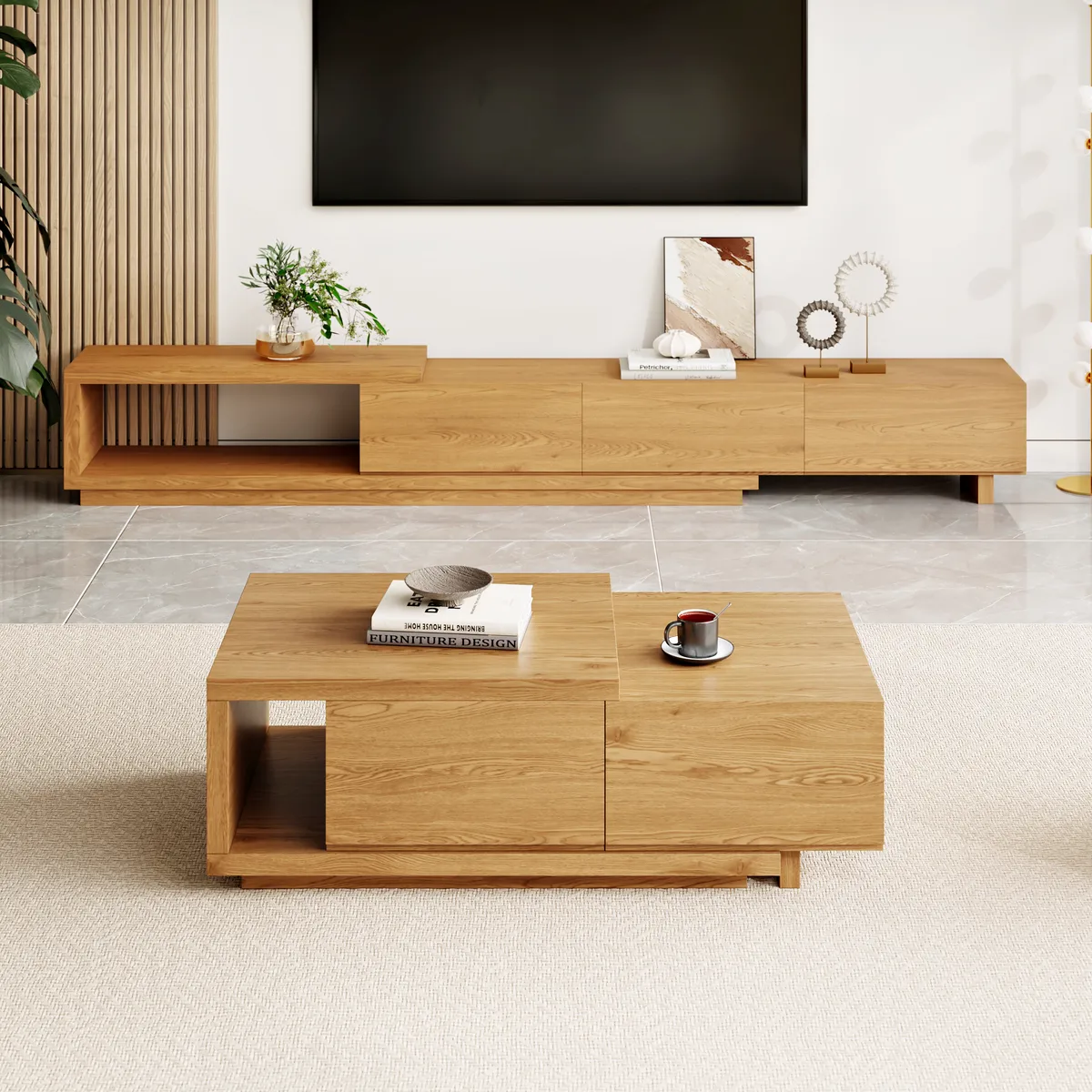 Quoint 68.9" Modern White Coffee Table Retracted & Extendable with 2-Drawer — image 16