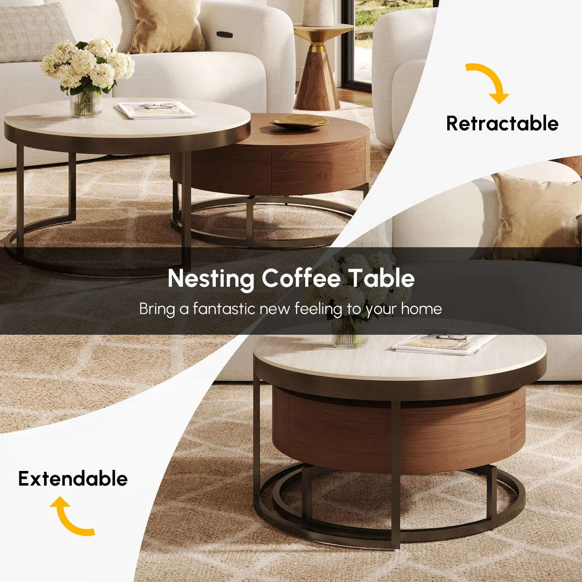 Nesnesis 28"-32" Round Nesting Walnut Coffee Table Set with Sintered Stone Top — image 8