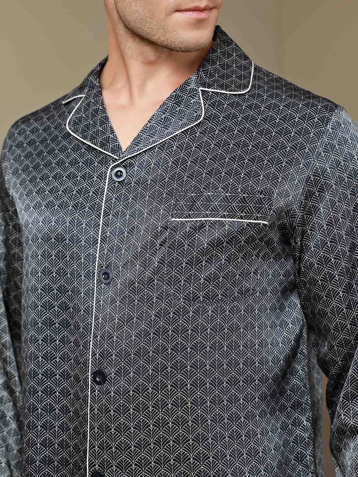 100% Mulberry Silk Ginkgo Print Long Sleeve Men's Pajamas Set With Pants — image 4