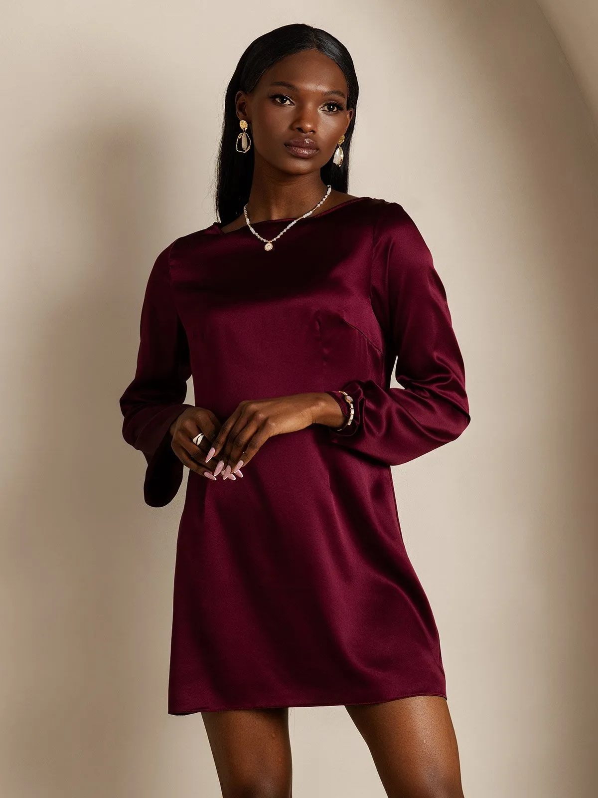 19Momme Silk Long Sleeve Boat Neck Short Dress — image 3