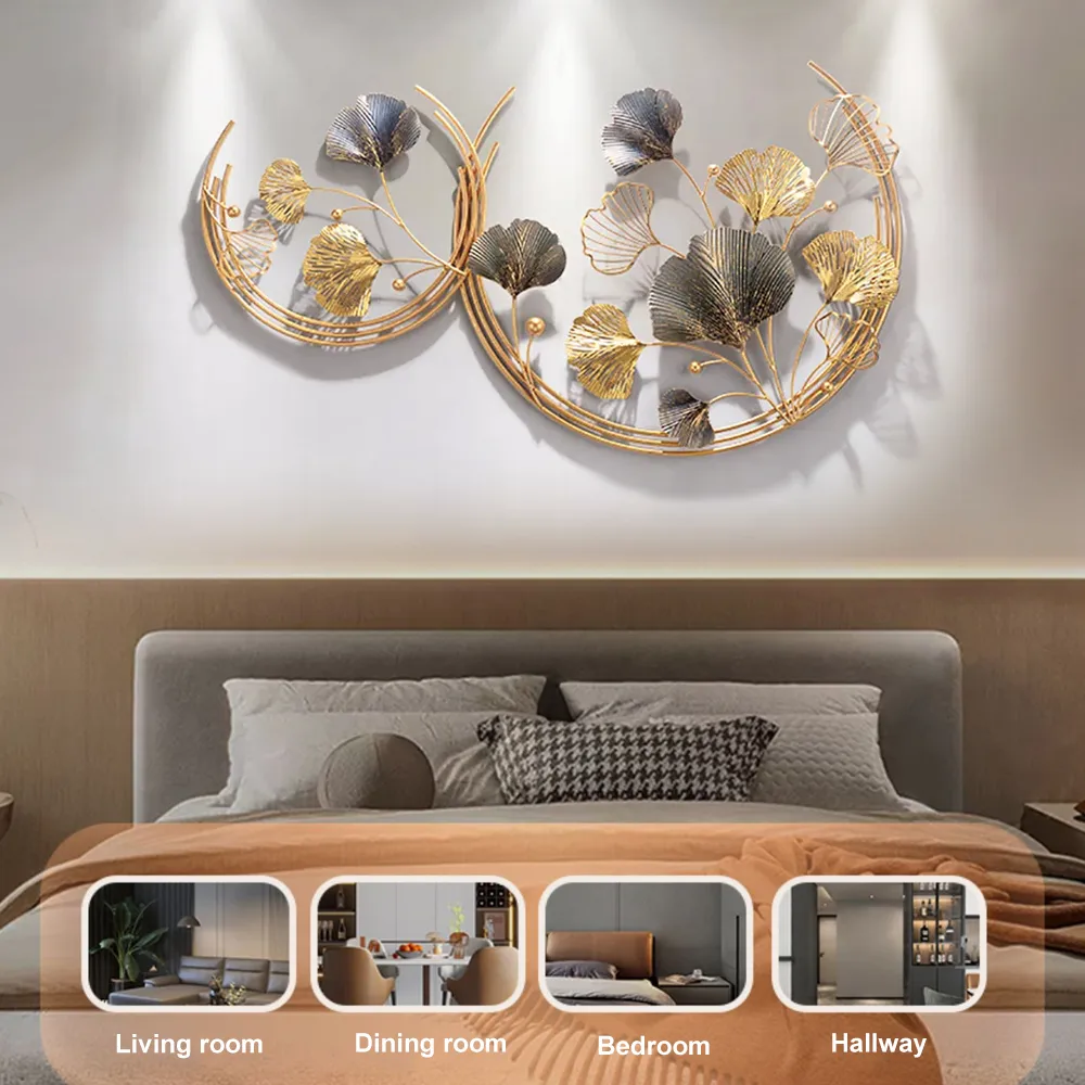 Modern 3D Hollow-out Ginkgo Leaves Wall Decor Home Metal Round Wall Art in Gold & — image 5
