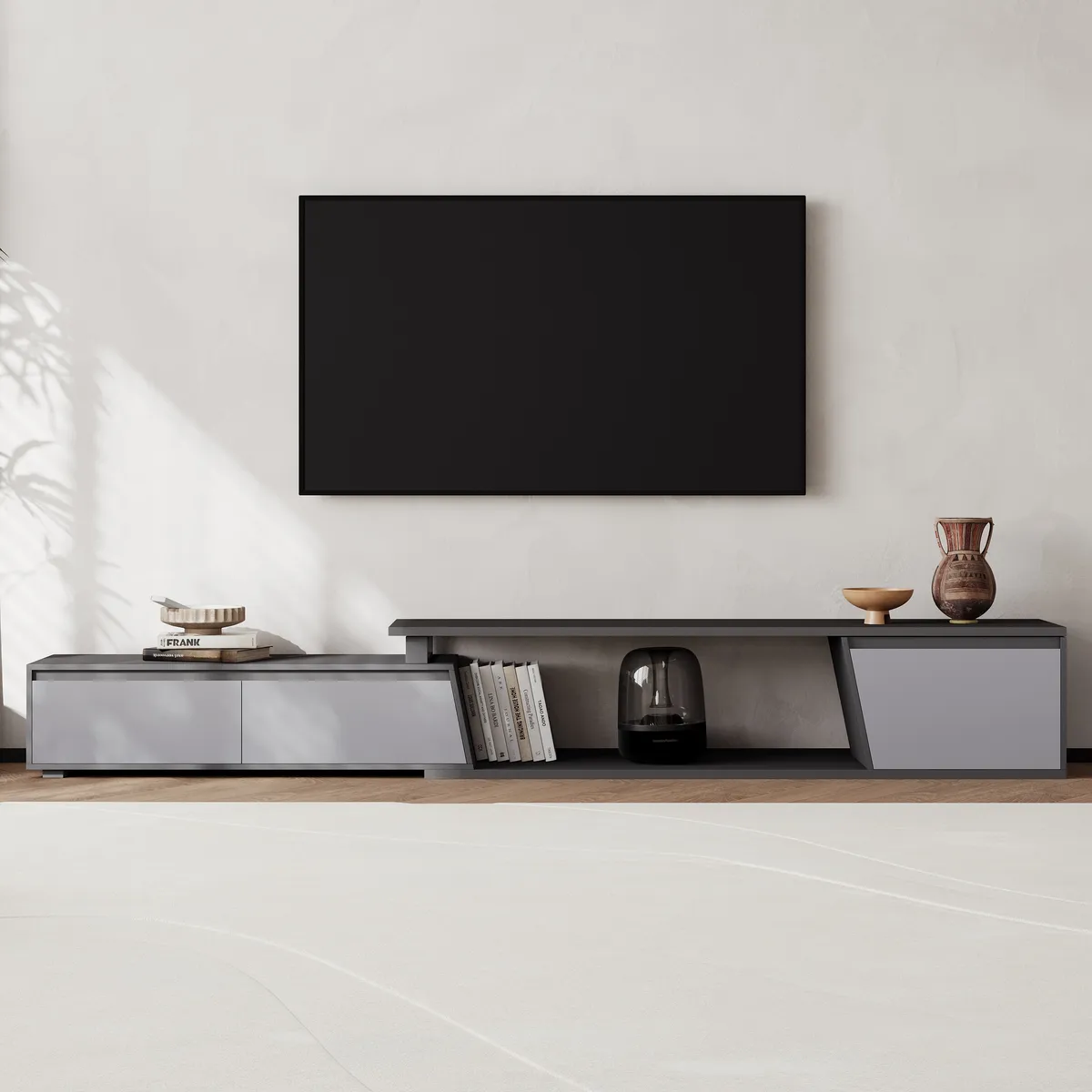 Fero Minimalist Rectangle Gray Extendable TV Stand with 3 Drawers Up — image 12