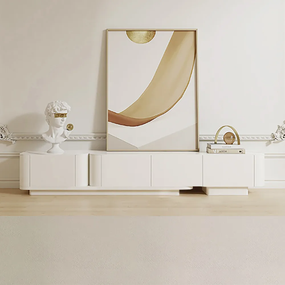 107.8" Off White Modern Wood Extendable TV Stand with 4 Drawer Retracted Cream Media Console — image 4