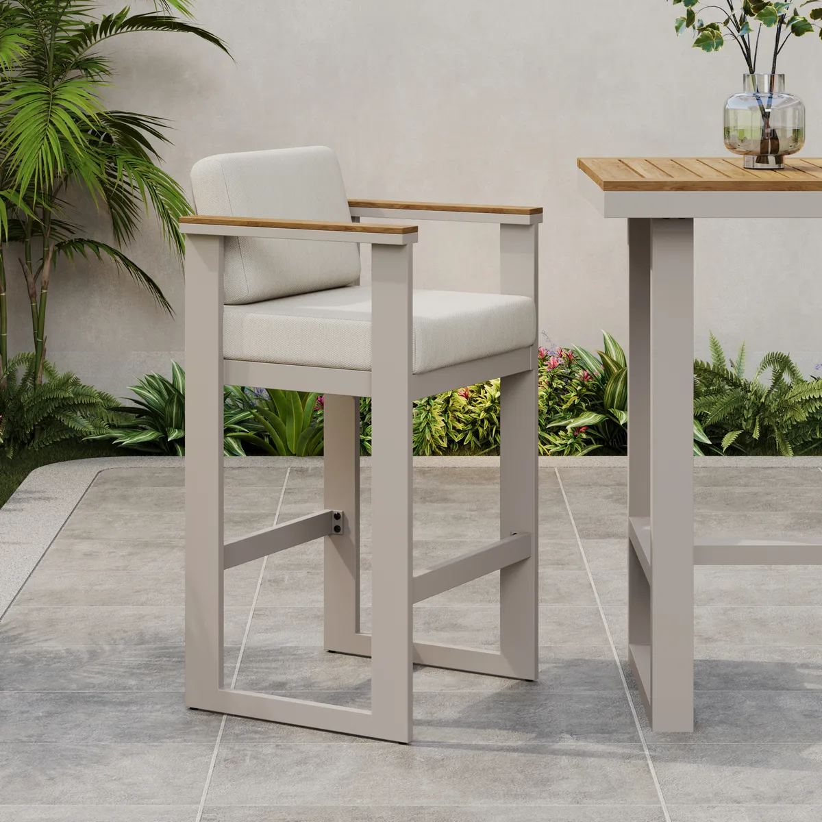 Tevara Outdoor Aluminum Frame & Teak Wood Armrest Bar Stools — image 15