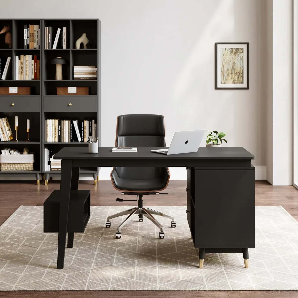 Ultic Gray Reversible L-Shaped Desk & Faux Leather Office Chair Set with Wheels — image 13