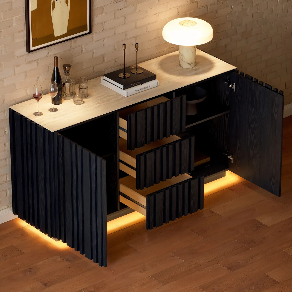 Aura 60" Faux Travertine Top Buffet Sideboard with Ash Wood Slatted Panels & Light — image 3