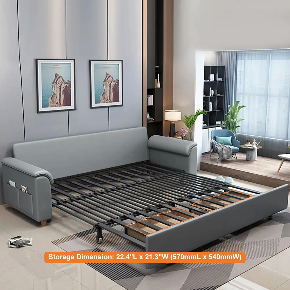 Leather Queen Size Sleeper Sofa with Trundle Pull Out Sofa Bed — image 19
