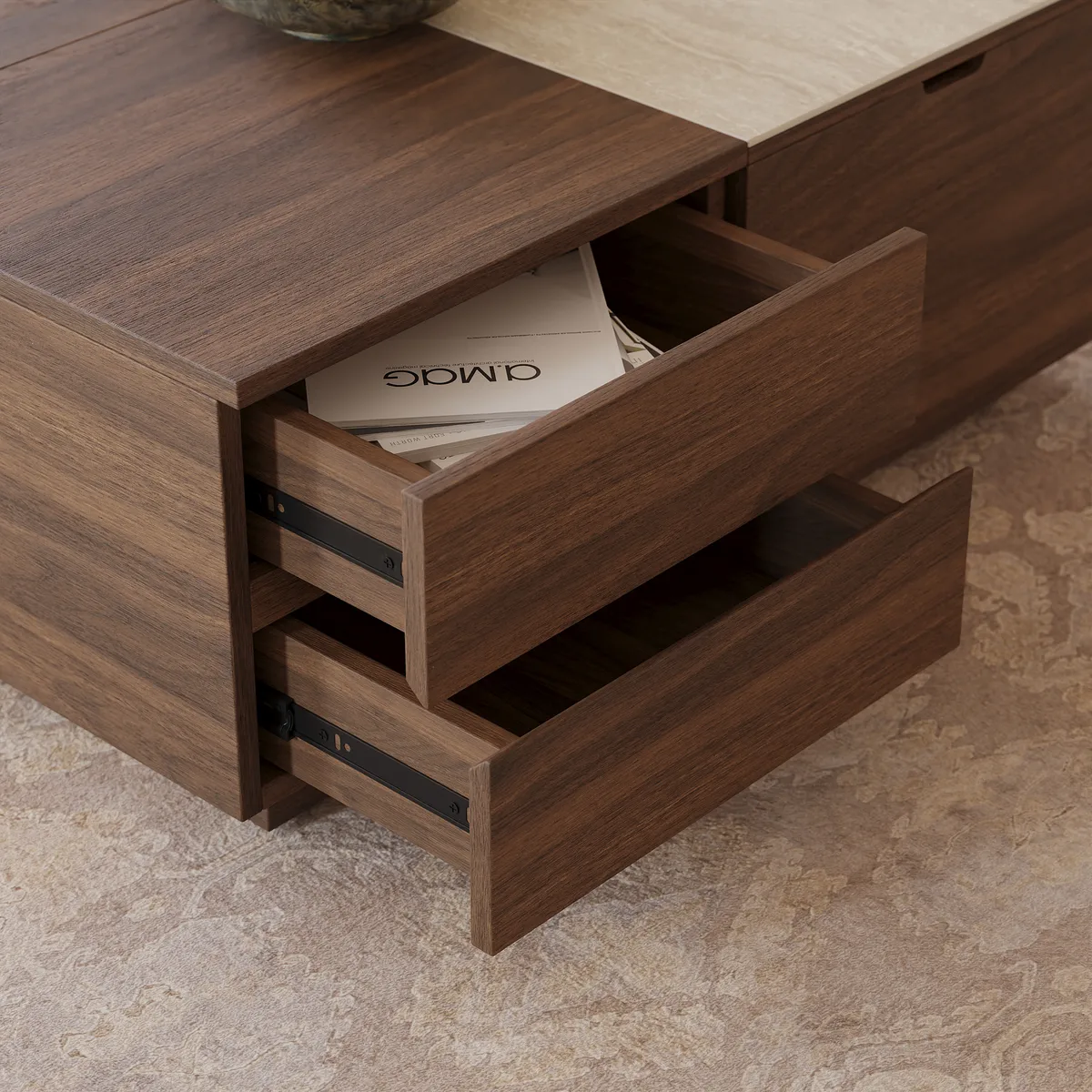 39" Square Lift-Top Wood Travertine Veneer Sintered Stone Top Coffee Table with Storage — image 20