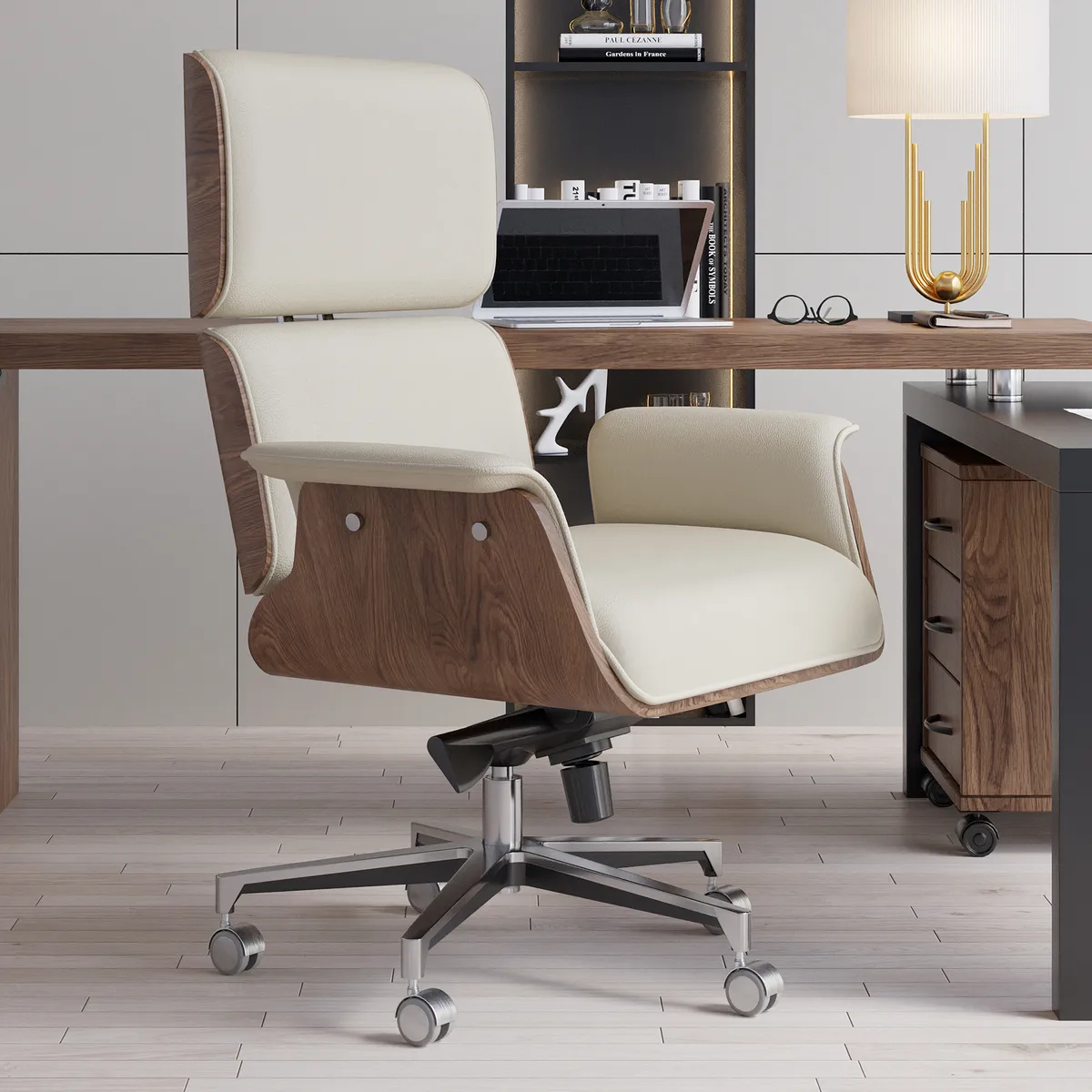 Modern Off White Home Office Chair Upholstered Swivel Task Office Chair High Back — image 12