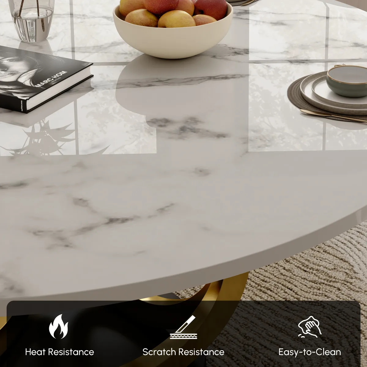 53.1" Round Dining Table Faux Marble Top Gold & Black Pedestal for 6 Person Modern — image 7