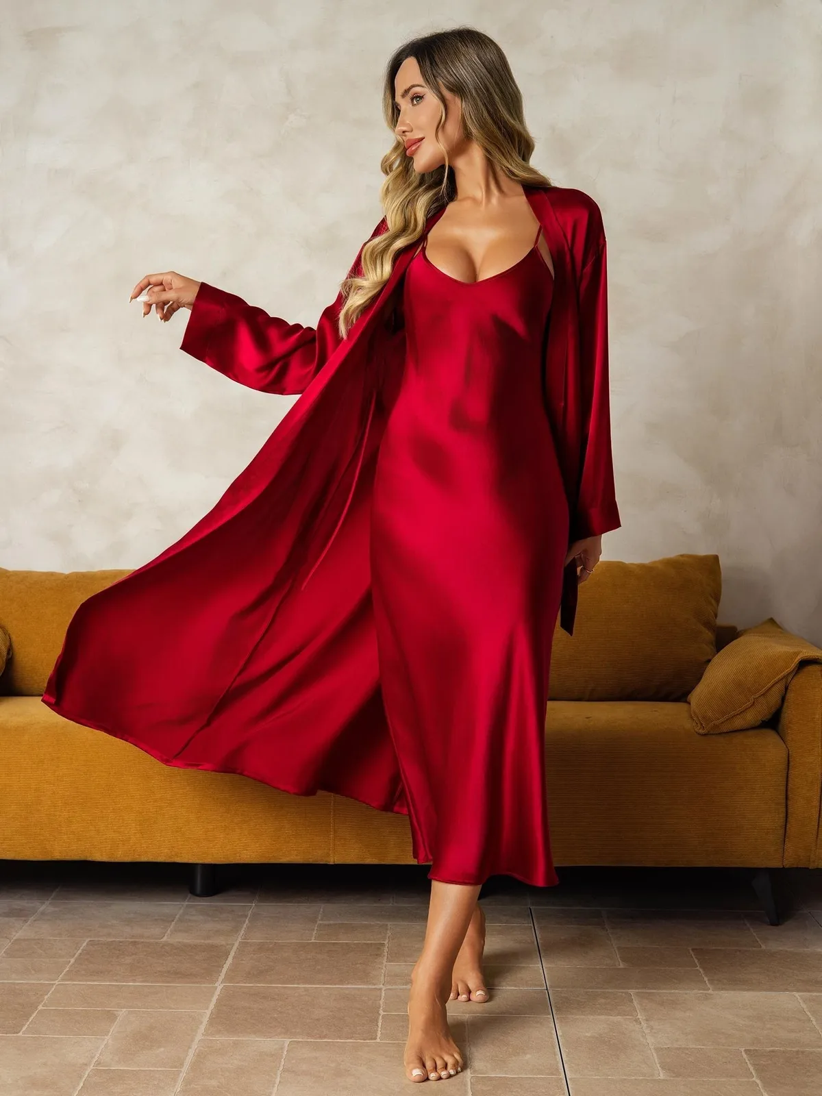 100% Mulberry Silk V-Neck Midi Nightgown & Robe Set