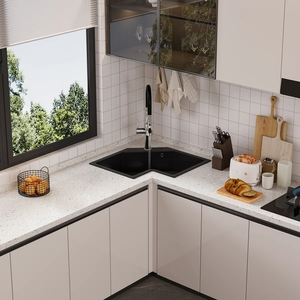 Drop In Corner Irregular Kitchen Sink White 25" Quartz — image 2