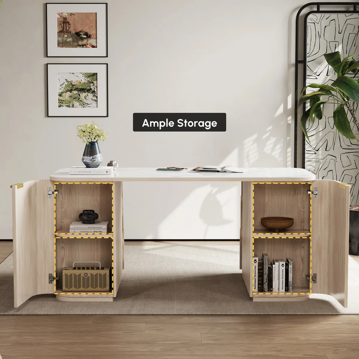 Walnut Ash Wood & Sintered Stone Rectangle Desk with 6 Drawers (63.8") — image 26