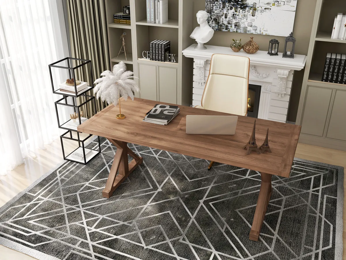 Vintage Style Pine wood Office Writing Desk with Trestle Leg in Natural Farmhouse Home Office Furniture Rectangular — image 7